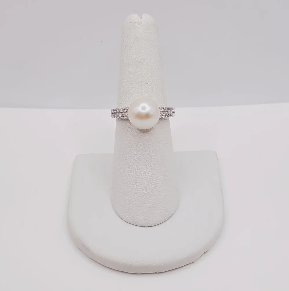 Akoya Cream Pearl & Simulated Pave Diamond Platinum | 925 Sterling Silver Ring